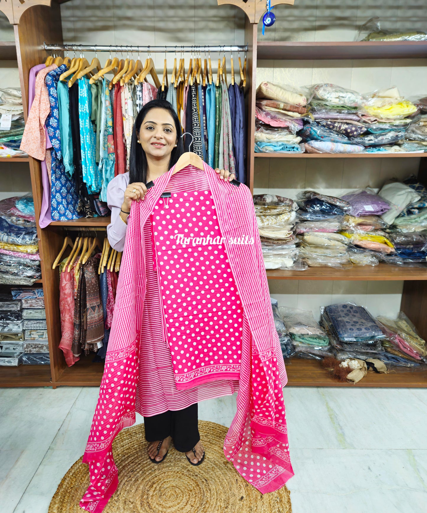 Sky Blue Polka Dot Handblock Printed Cotton Suit Material