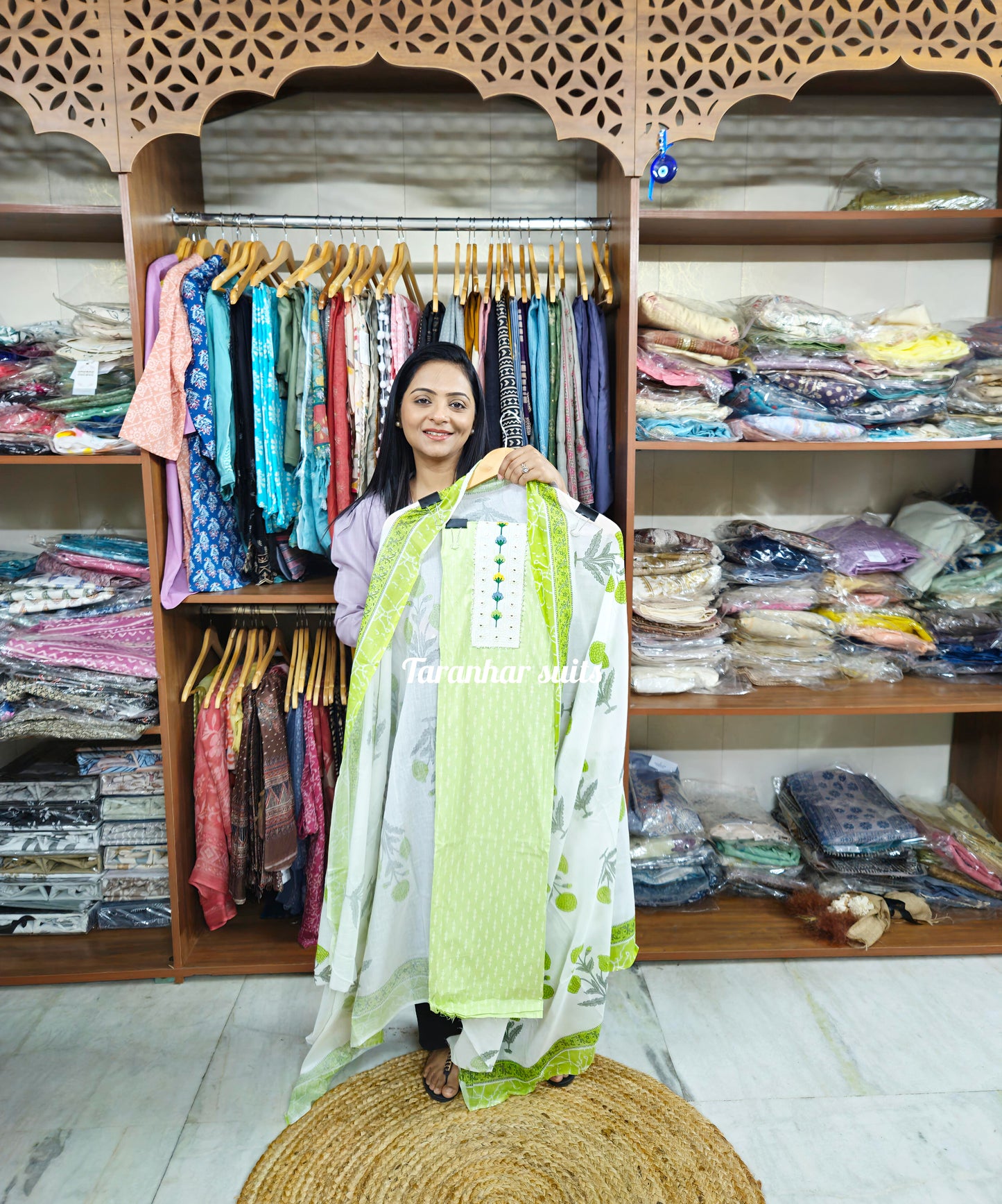 Women Cotton Suits With Cotton Dupatta-Green