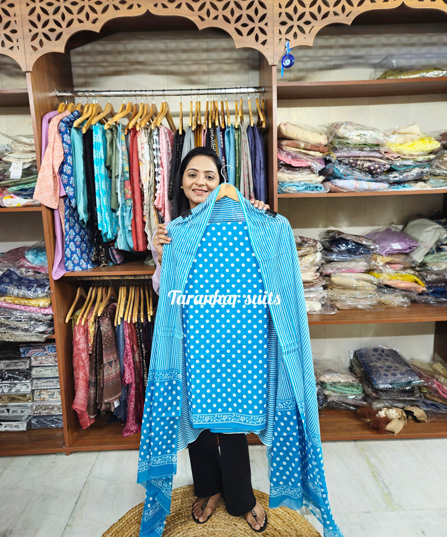 Sky Blue Polka Dot Handblock Printed Cotton Suit Material