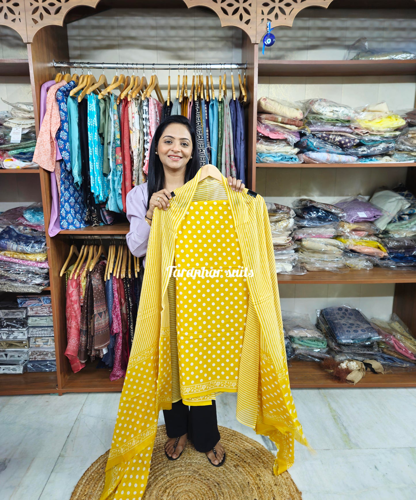 Yellow Polka Dot Handblock Printed Cotton Suit Material