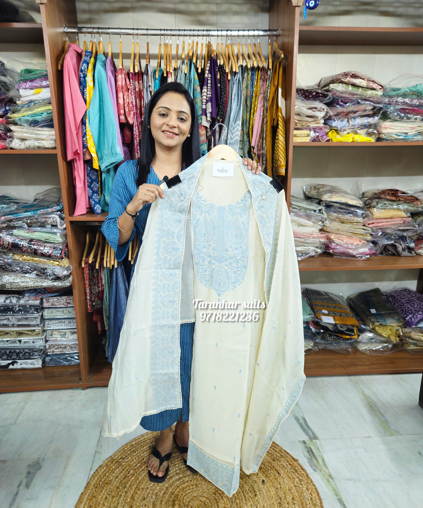 Cream Pure Mul Cotton Embroidery Suit