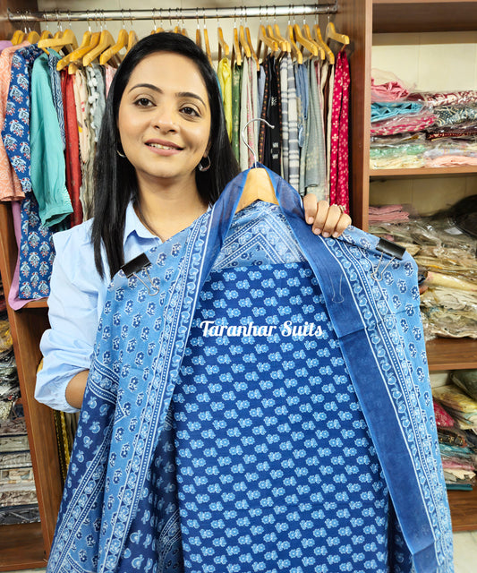 Blue Pure Cotton Hand Block Printed Unstitched Suit