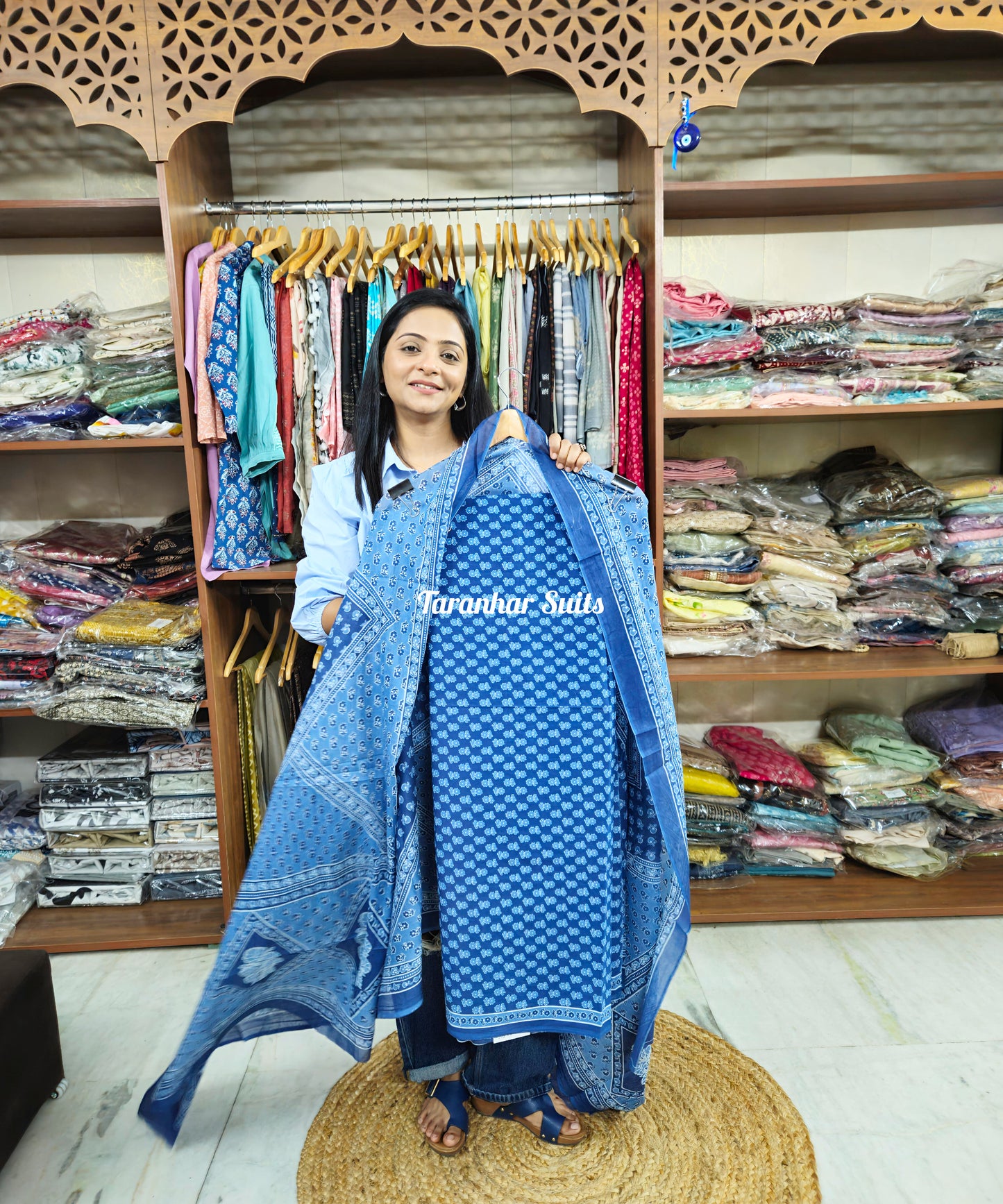 Blue Pure Cotton Hand Block Printed Unstitched Suit