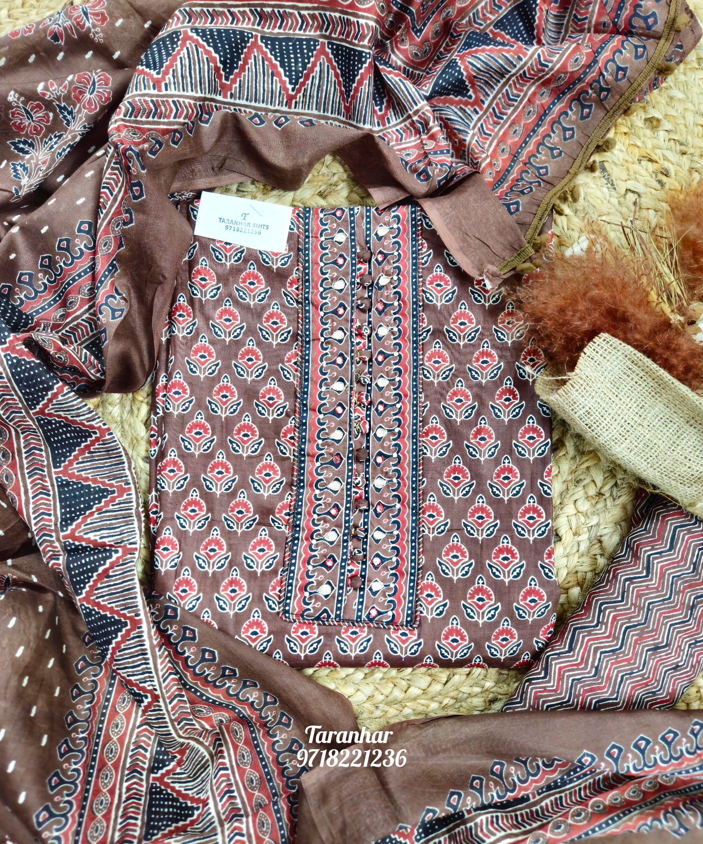 Pure Cotton Ajrakh Hand Print Unstiched Ladies Suit
