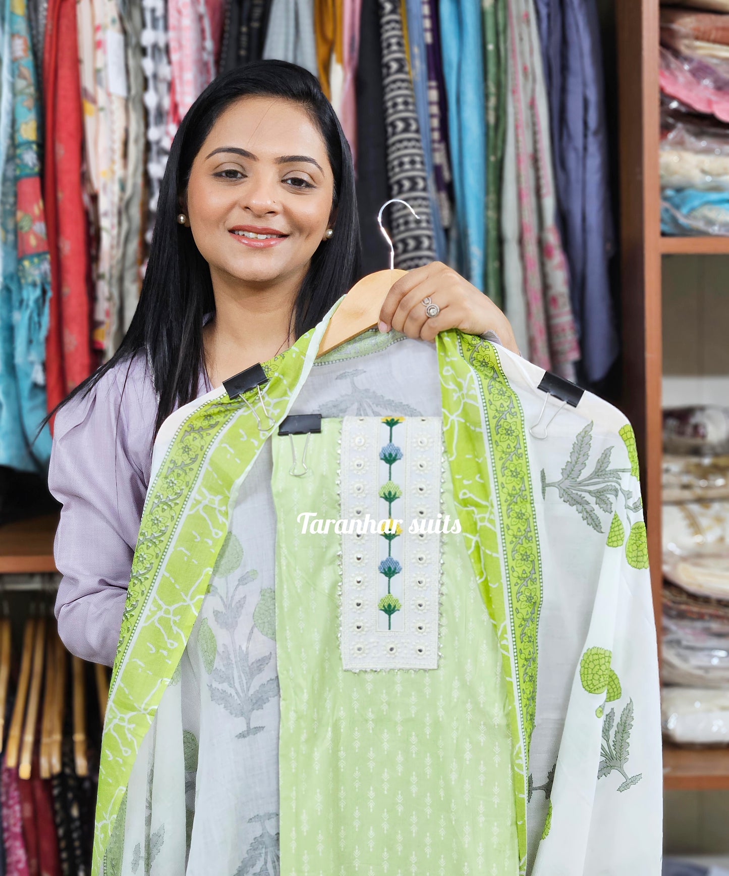 Women Cotton Suits With Cotton Dupatta-Green
