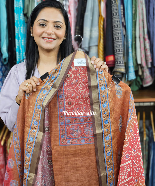 Cotton Silk Unstitched Suit Set in Orange Gold