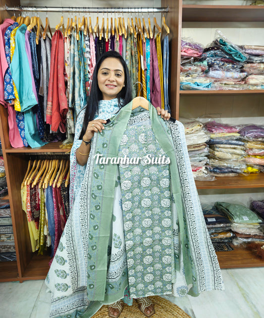 Pure Cotton Suits With Cotton Dupatta- Green